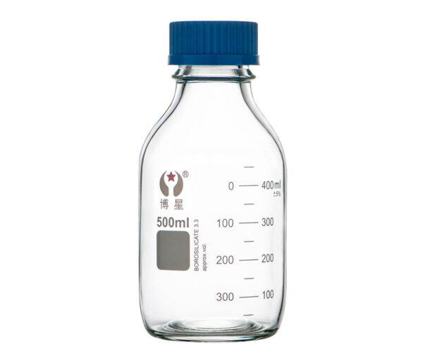 1407 GL45 Clear Glass Laboratory Media Bottle with Blue Screw Cap & Pouring Ring
